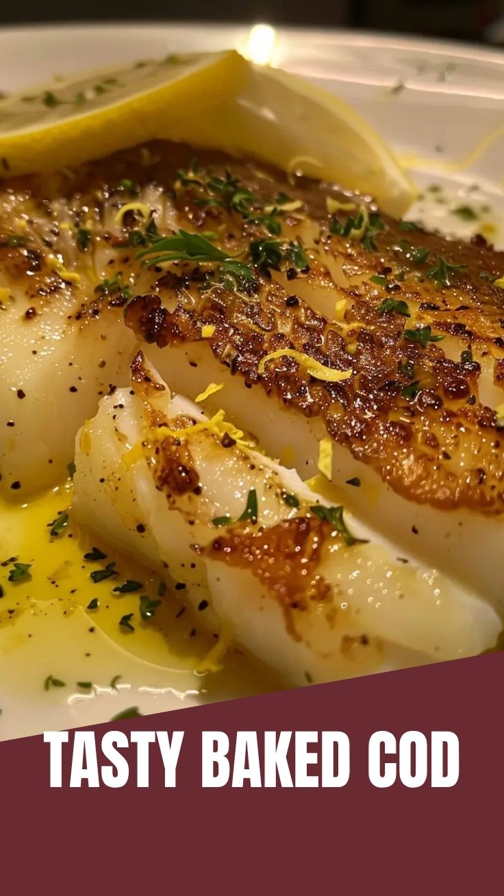 Freshly baked cod with lemon butter sauce on a white plate
