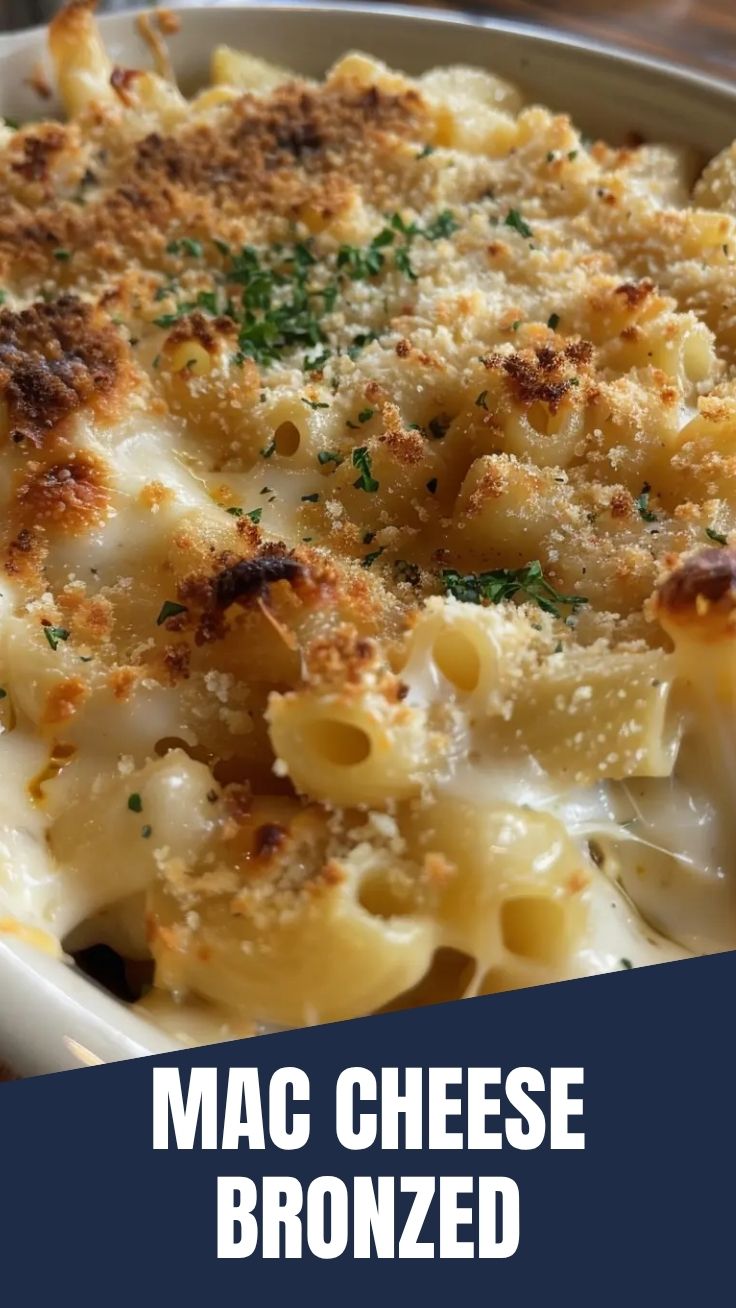 A golden-brown dish of baked mac and cheese, fresh from the oven.
