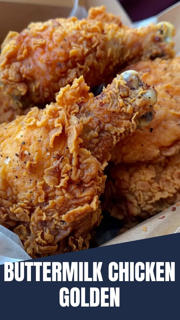 Golden-brown crispy buttermilk fried chicken pieces on a serving platter.