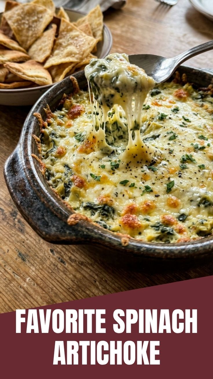 A hot and bubbly spinach artichoke dip, freshly baked and ready to eat