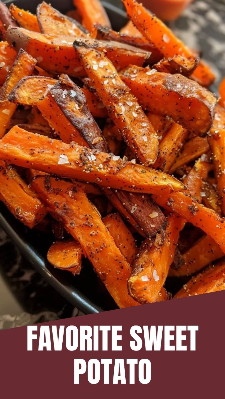 A close-up shot of crispy, golden-brown sweet potato fries piled high.