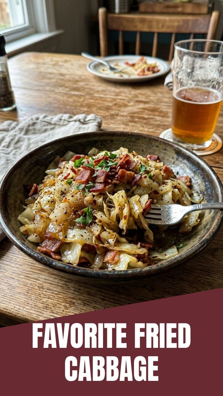 Close-up of easy fried cabbage in a skillet, ready to serve.