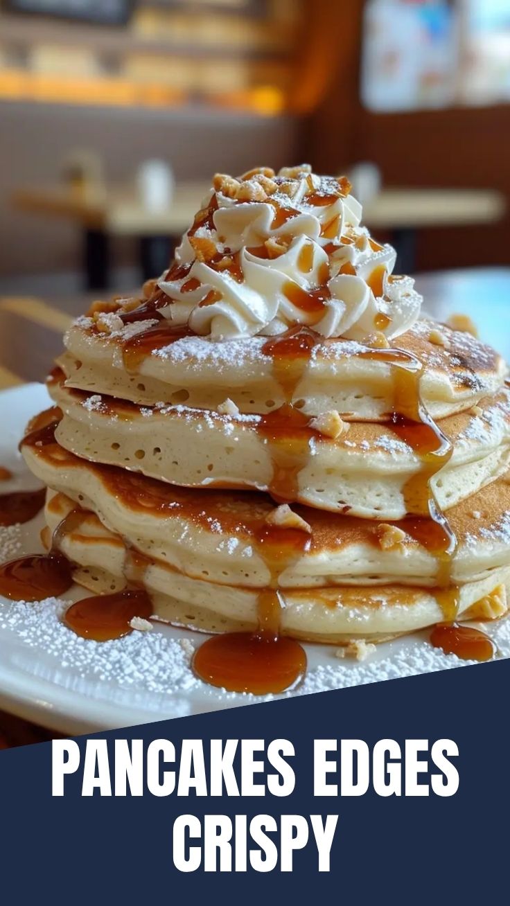 A stack of fluffy golden pancakes drizzled with syrup