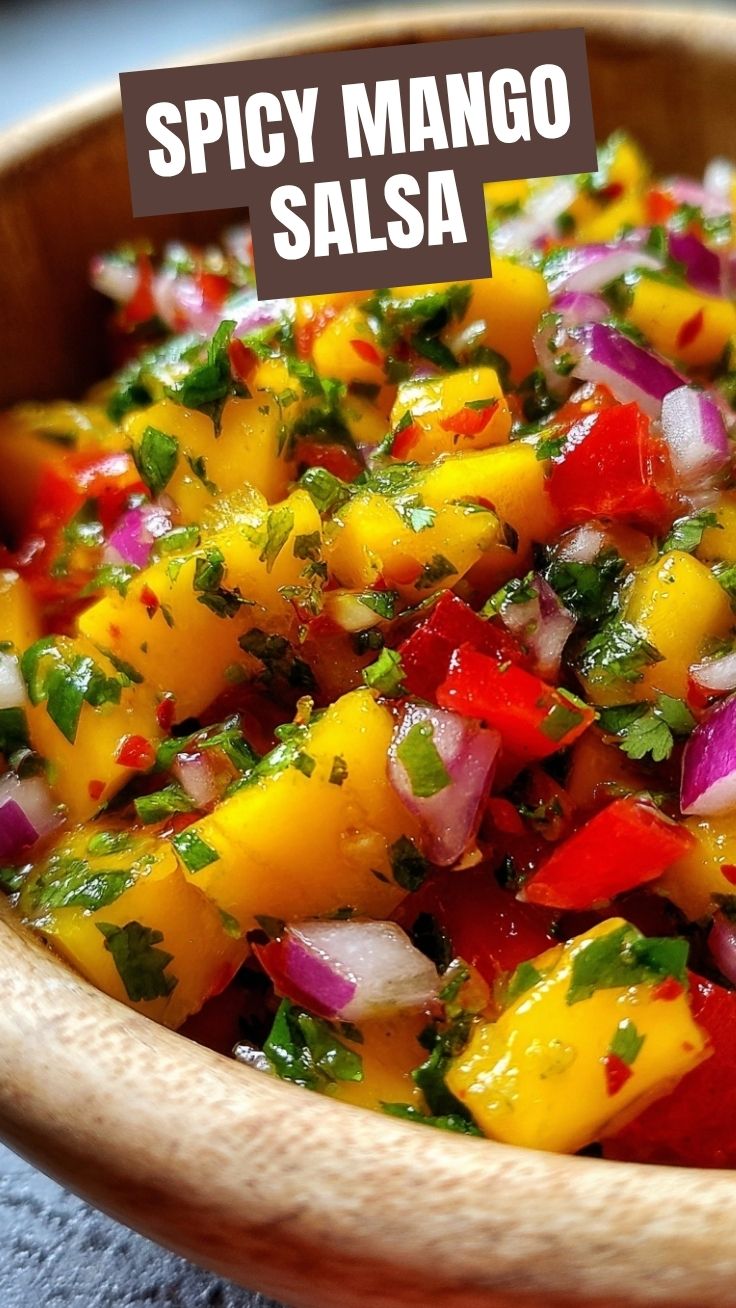 Bowl of fresh mango salsa with diced red onion, cilantro, and lime