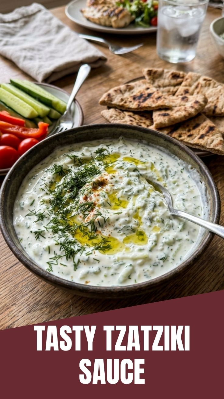 A bowl of fresh homemade tzatziki sauce with dill garnish