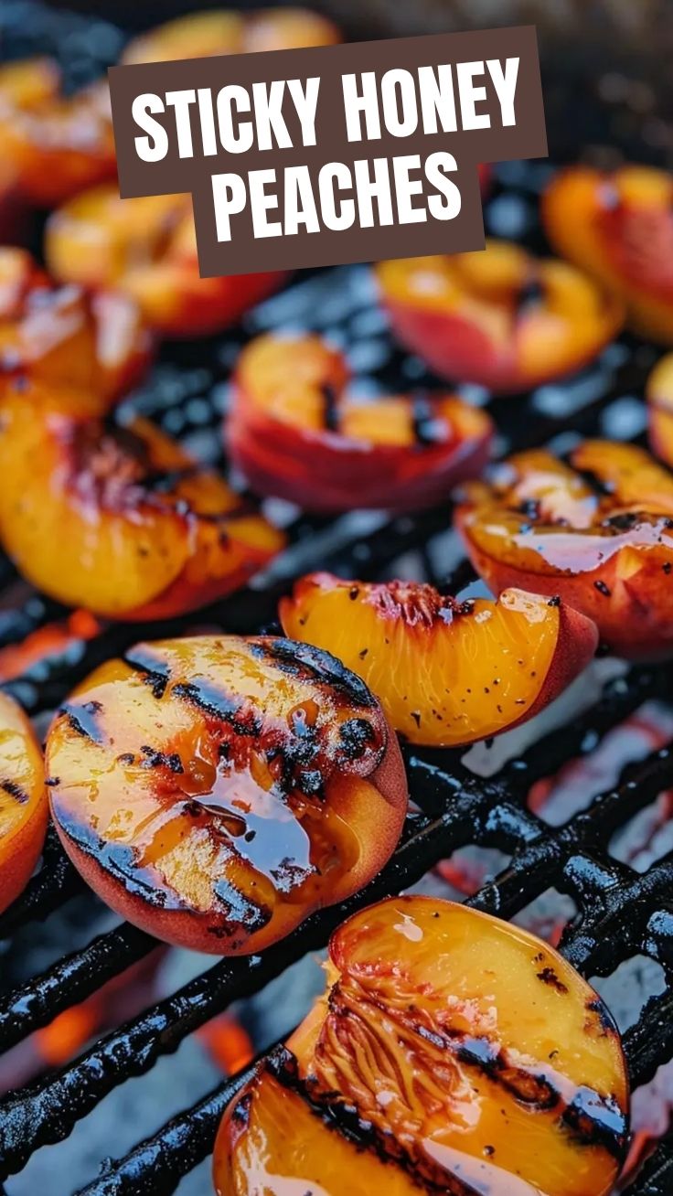 Grilled peaches drizzled with honey, showing caramelized edges