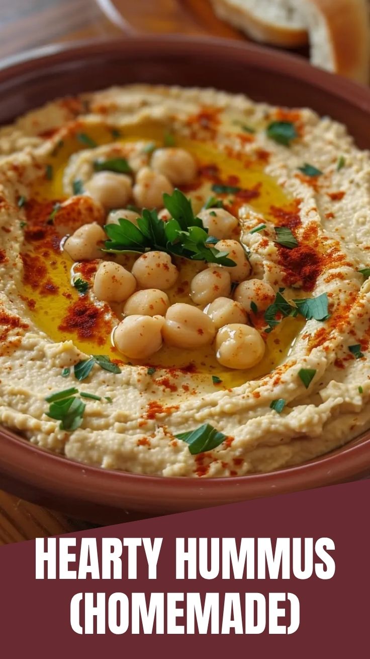 A bowl of fresh homemade hummus garnished with olive oil and parsley.