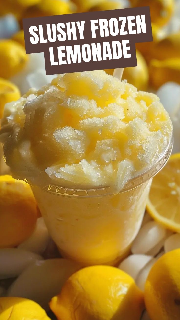A tall glass of icy frozen lemonade with a lemon slice garnish