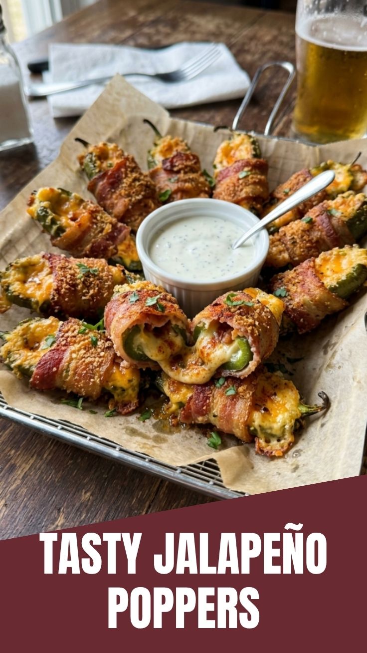 A close-up of crispy, golden-brown jalapeño poppers filled with cheese