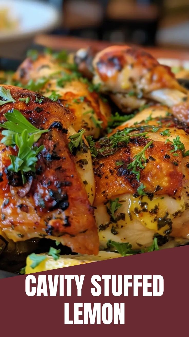A whole lemon herb roasted chicken with golden-brown skin, garnished with fresh herbs.