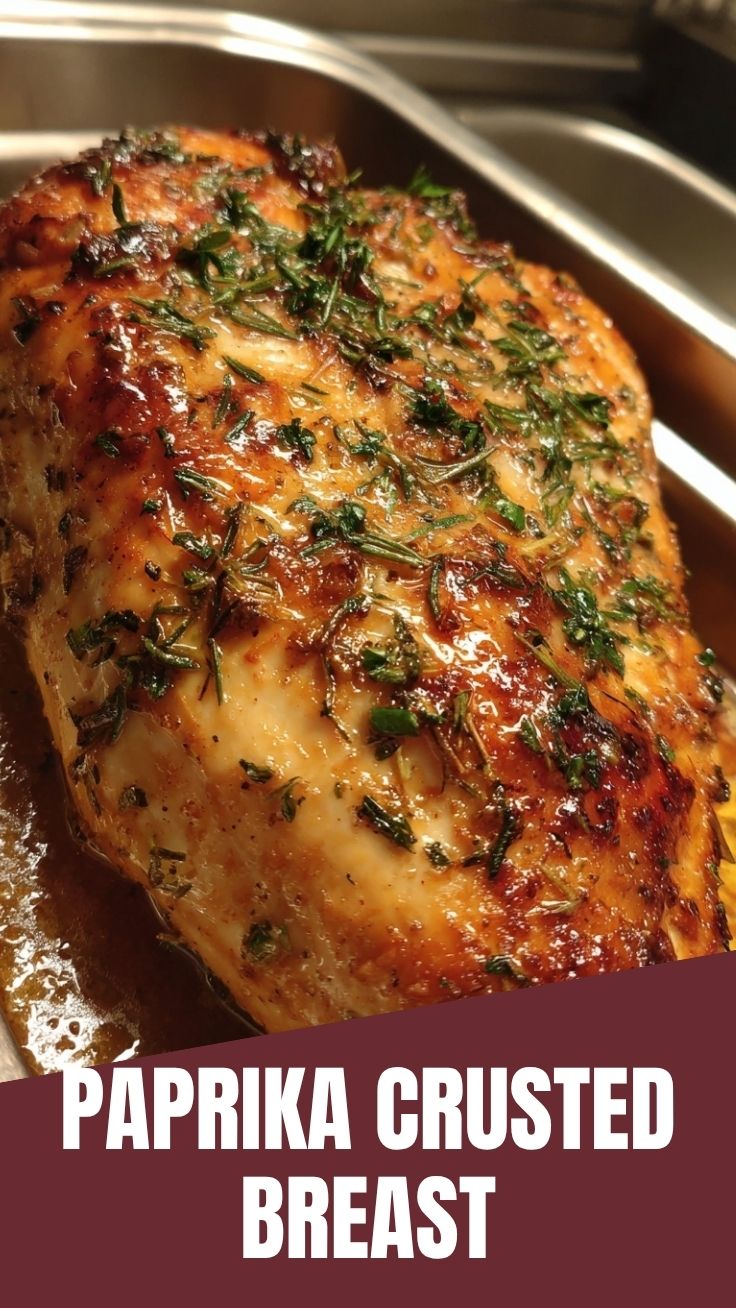 A perfectly cooked baked chicken breast resting on a serving dish