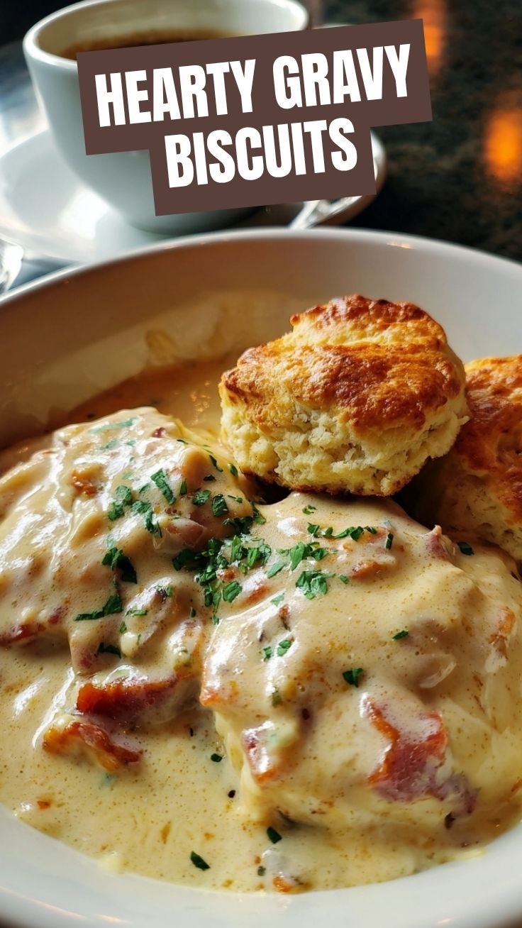 A plate of warm biscuits and gravy, generously covered with sausage gravy