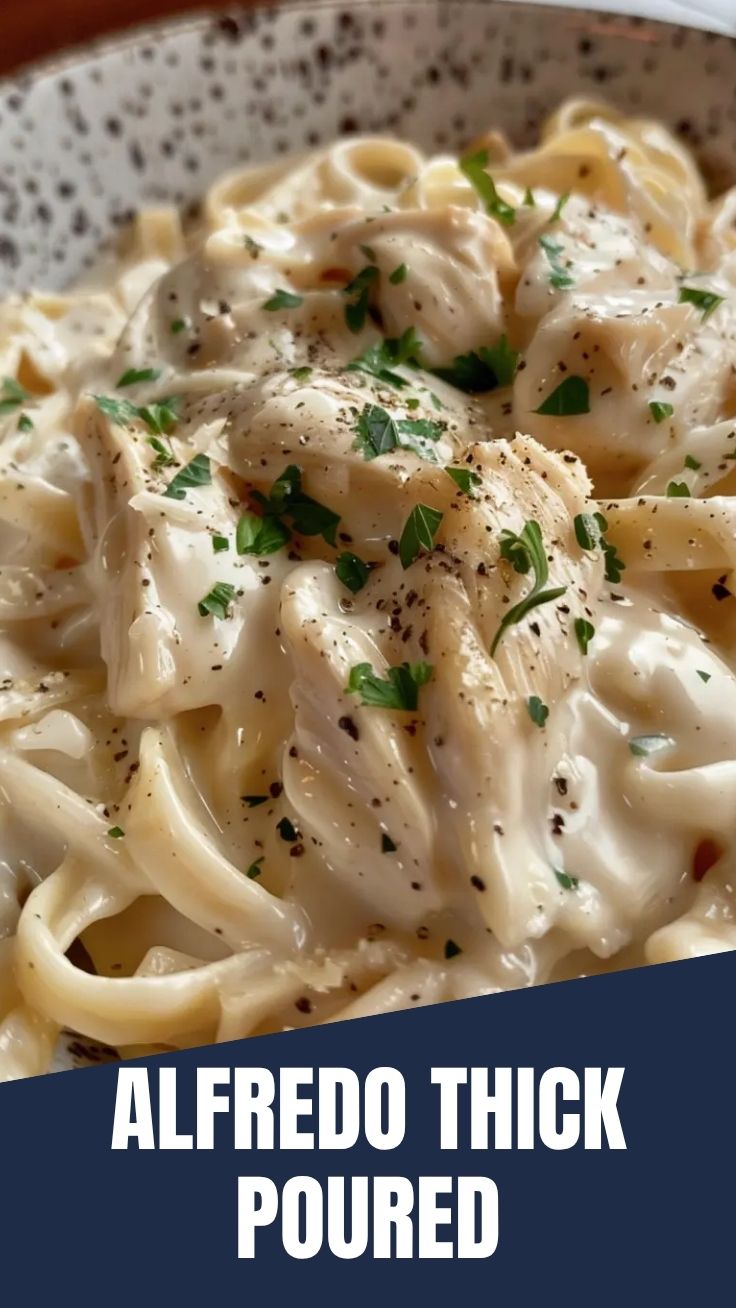 A serving of creamy chicken Alfredo pasta on a white plate.