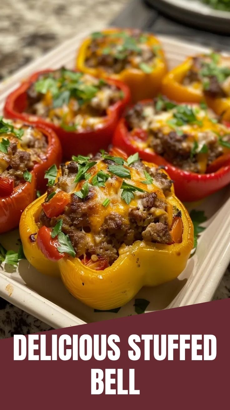 A close-up of savory stuffed bell peppers, rich with filling and baked to perfection.