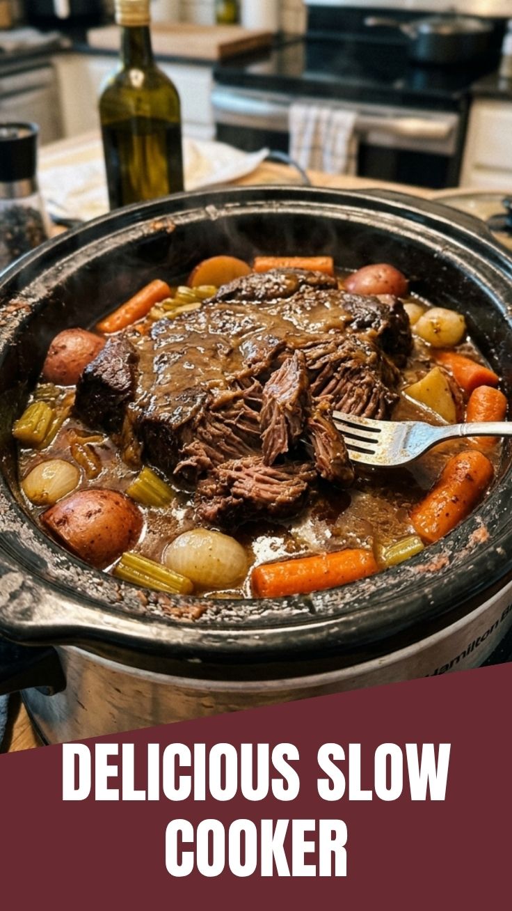 A delicious slow cooker pot roast in a ceramic pot, ready to serve.