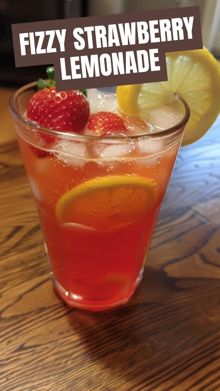 A refreshing glass of strawberry lemonade with ice and a lemon slice