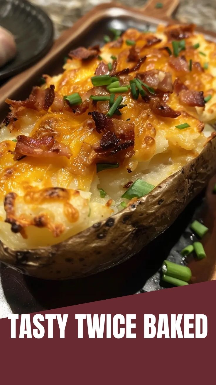 A perfectly golden-brown twice baked potato, topped with cheese and chives.