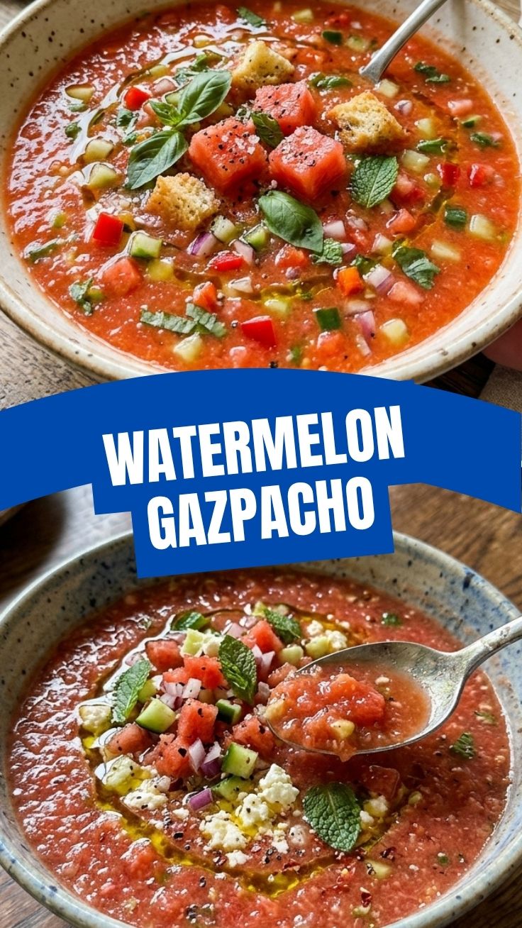 A refreshing bowl of vibrant watermelon gazpacho garnished with mint leaves.