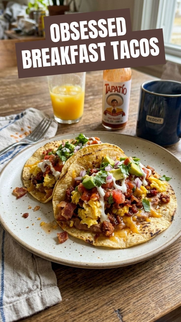 A close-up shot of two breakfast tacos filled with eggs, cheese, and salsa on a white plate.