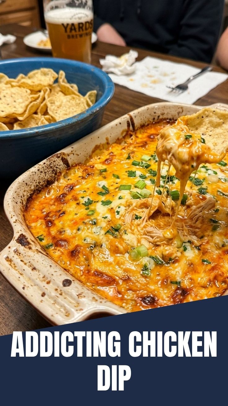 A creamy buffalo chicken dip in a ceramic bowl with tortilla chips.