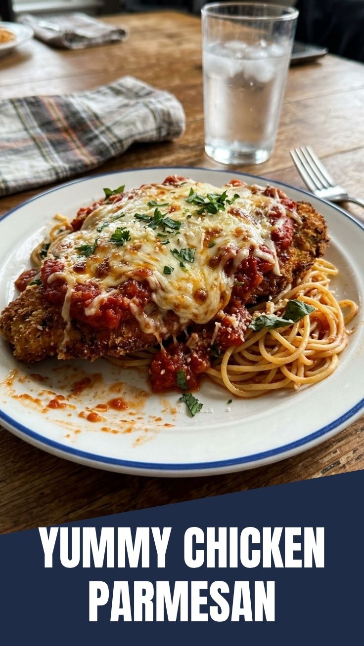 A serving of chicken parmesan topped with melted cheese and marinara sauce.