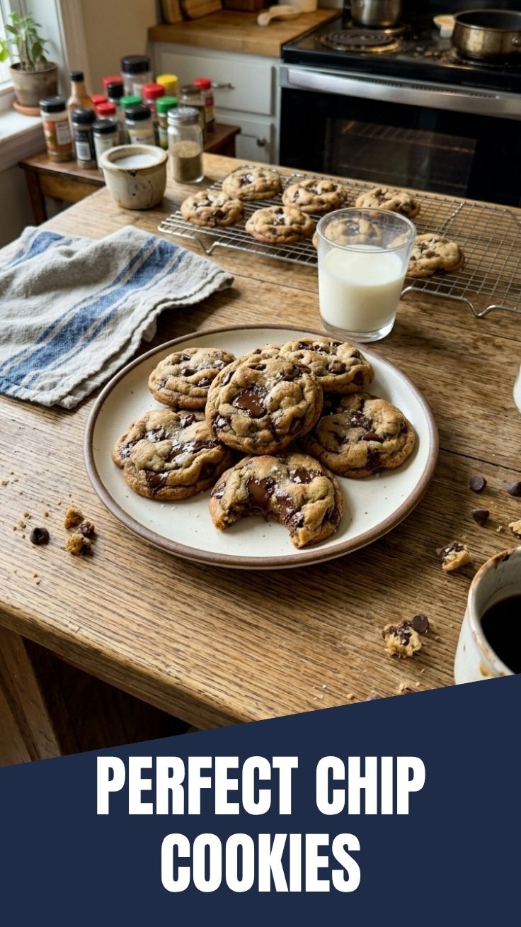 Freshly baked chocolate chip cookies on a cooling rack, slightly warm.
