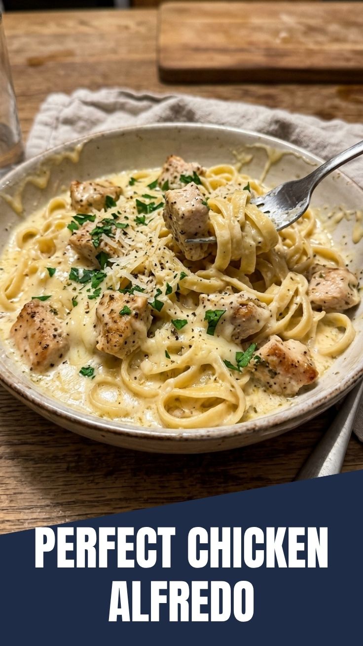 A white bowl filled with creamy chicken alfredo pasta, garnished with fresh parsley.