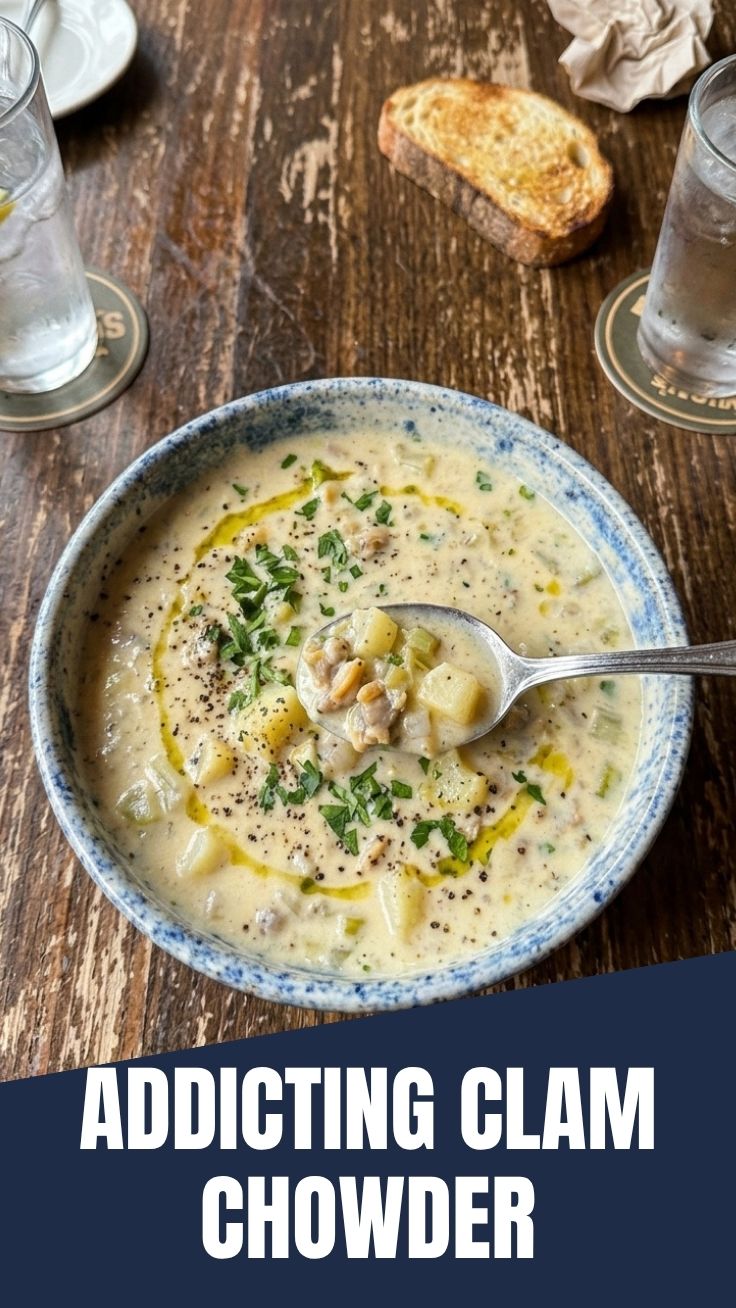 A warm bowl of creamy clam chowder.