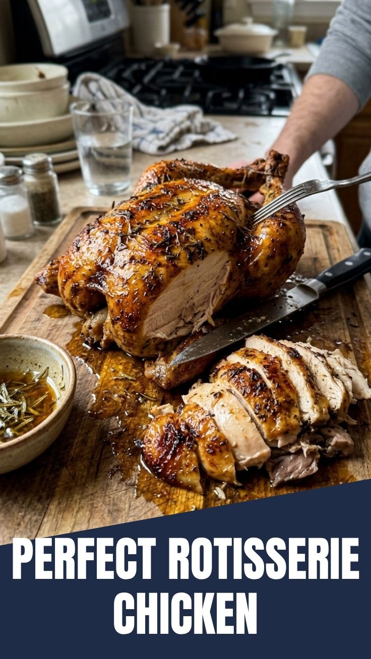 A cooked rotisserie chicken, perfect for various recipes, presented on a platter.