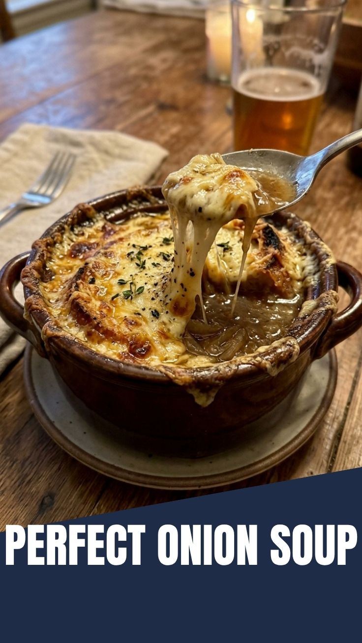 A steaming bowl of French Onion Soup topped with melted Gruyere cheese and toasted croutons.