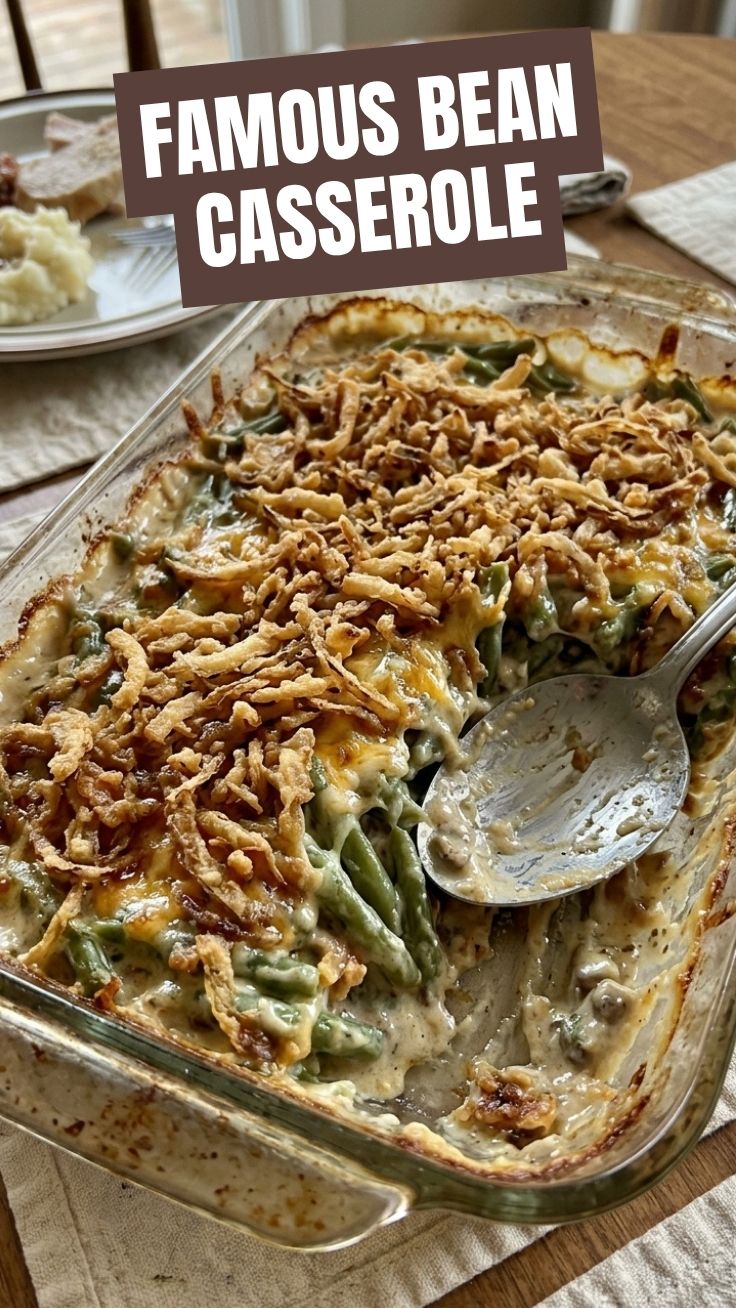 A classic green bean casserole, golden brown and bubbly, in a white baking dish.