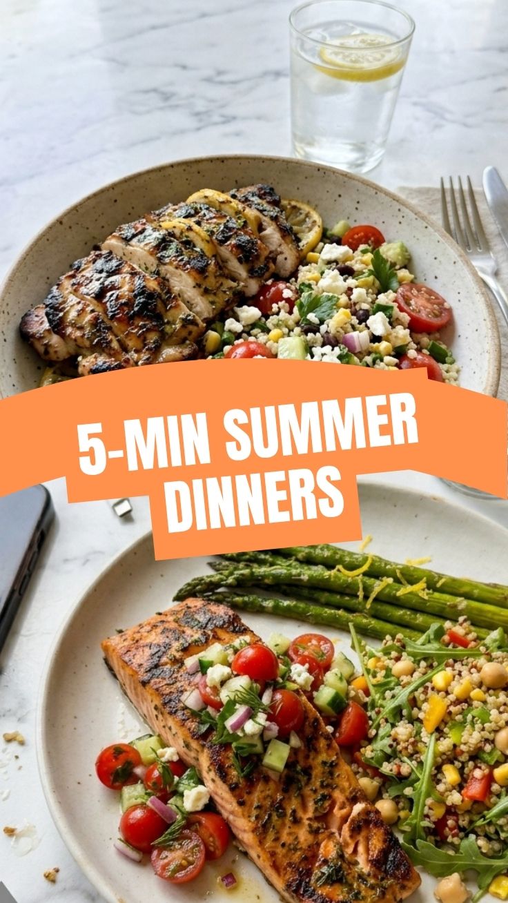A colorful, healthy 30-minute summer dinners prepared on a kitchen counter.