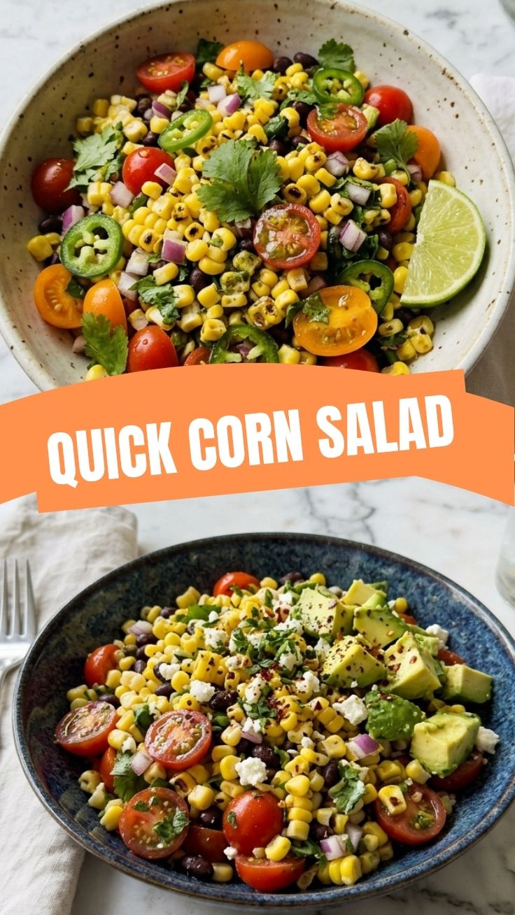 A healthy fresh corn salad beautifully presented in a serving bowl.