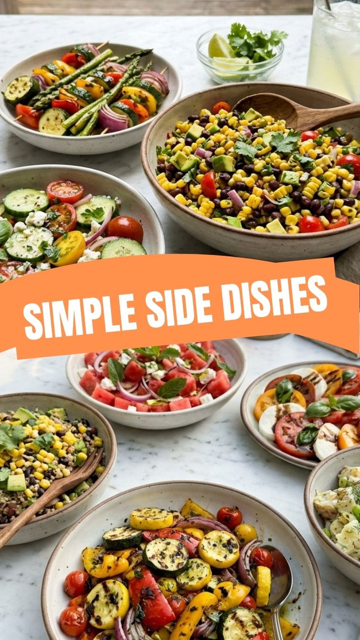 A colorful array of healthy summer BBQ side dishes prepared for a outdoor meal.