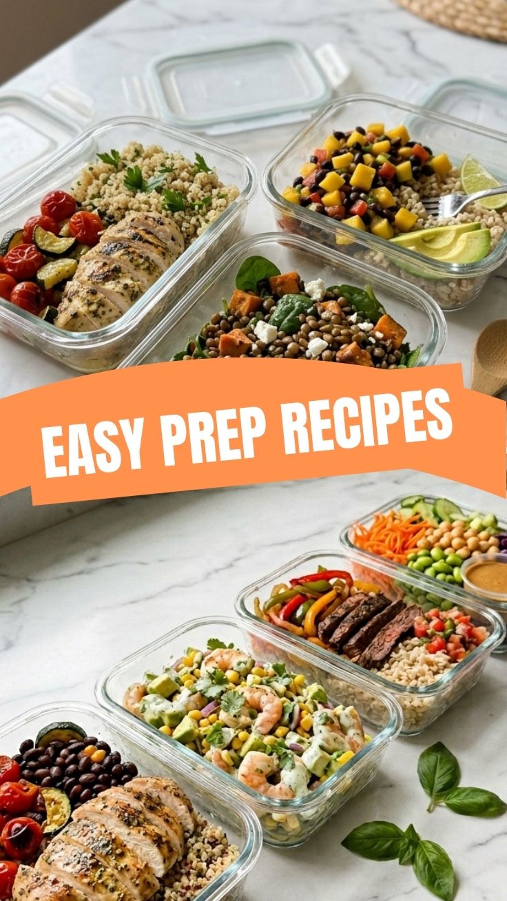 A vibrant array of healthy summer meal prep recipes in individual containers, showcasing fresh vegetables and lean proteins.