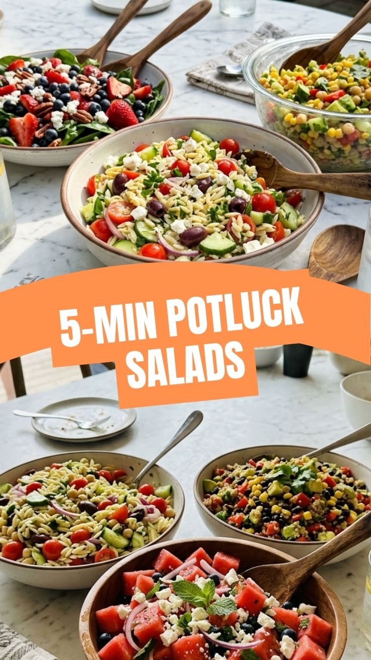 A vibrant selection of healthy summer potluck salads, showcasing fresh ingredients.