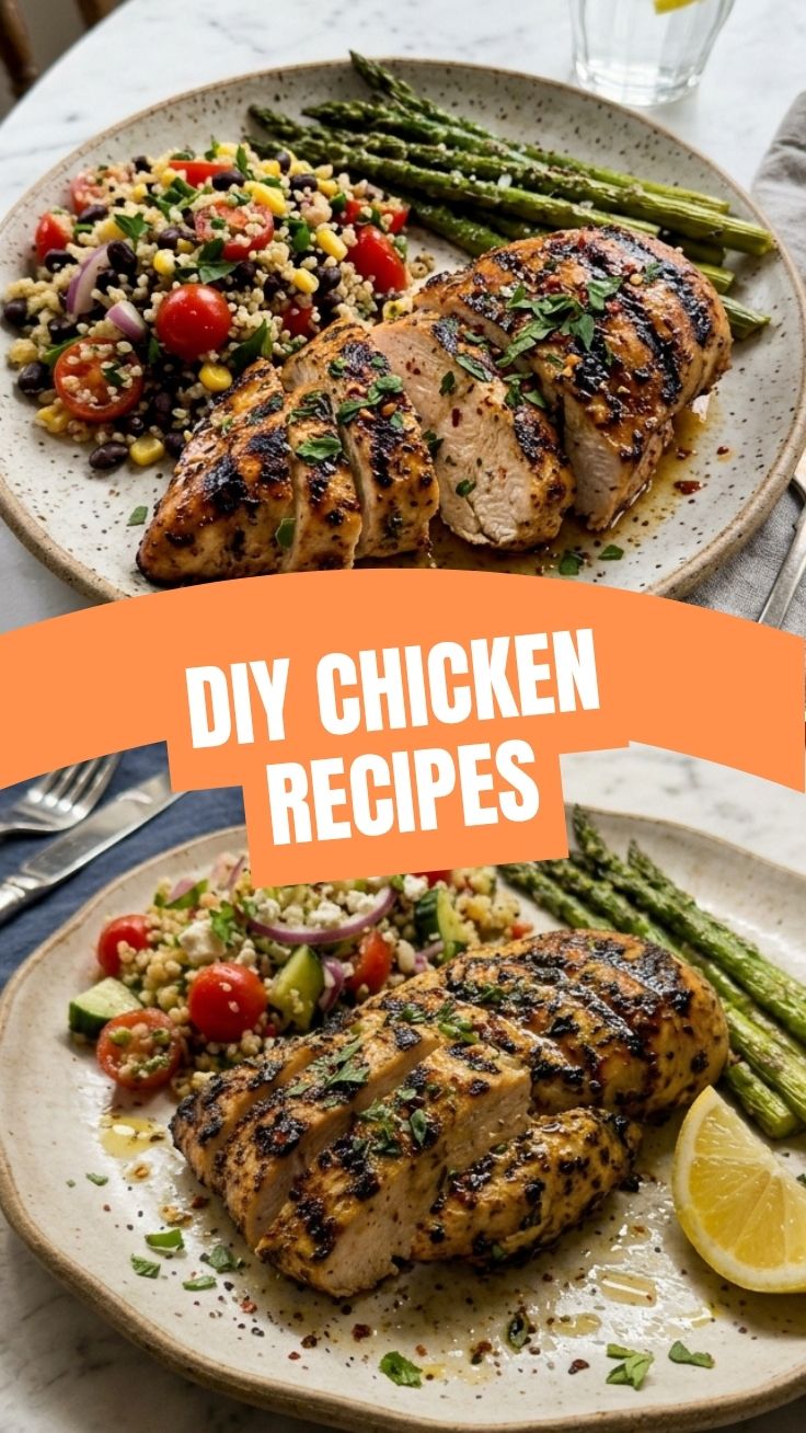 A plate featuring high protein grilled chicken recipes, showcasing a healthy meal option.