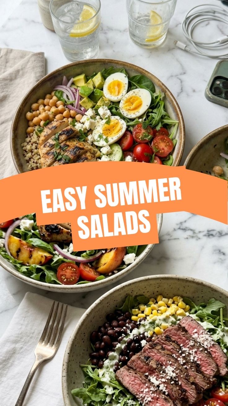 A vibrant high protein summer salad with varied greens and toppings