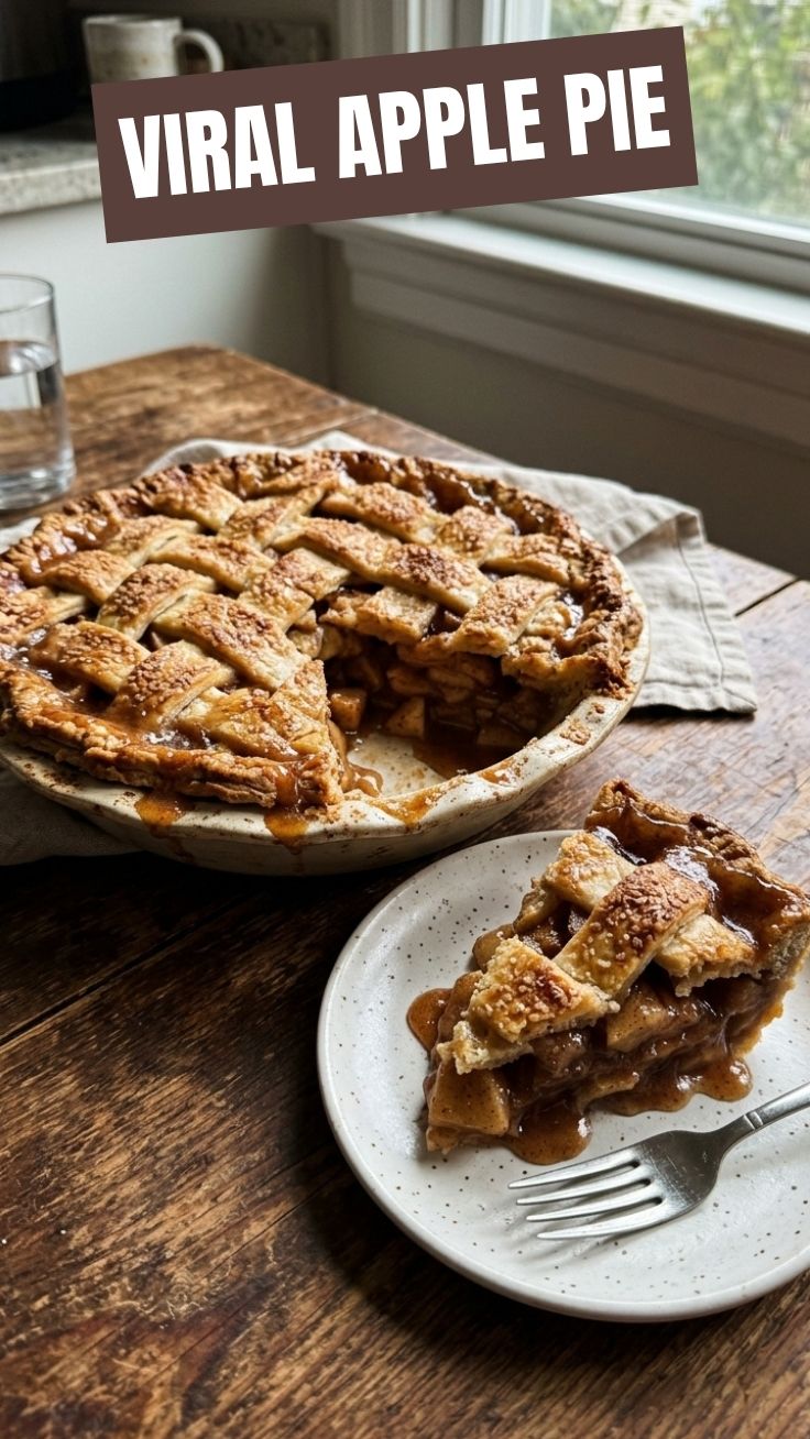 A freshly baked apple pie with a golden, flaky crust on a cooling rack.