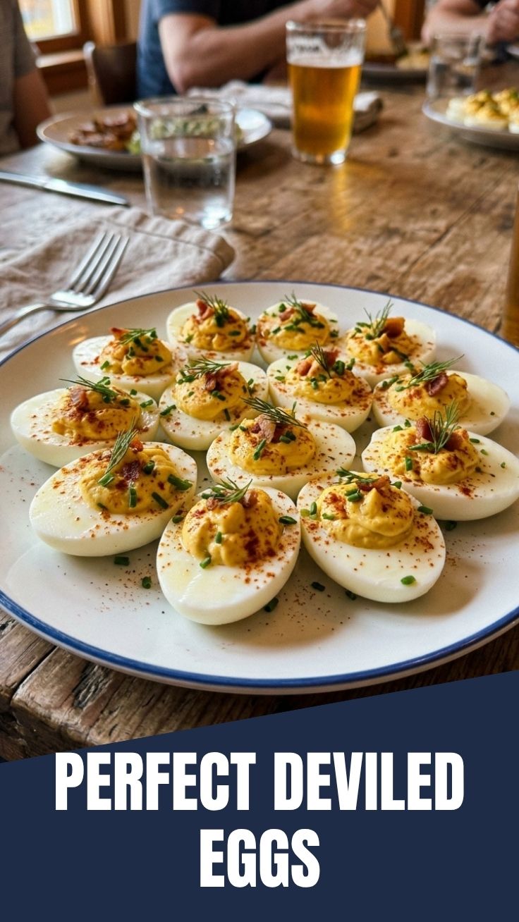 A platter of perfectly made deviled eggs, garnished for a gathering.