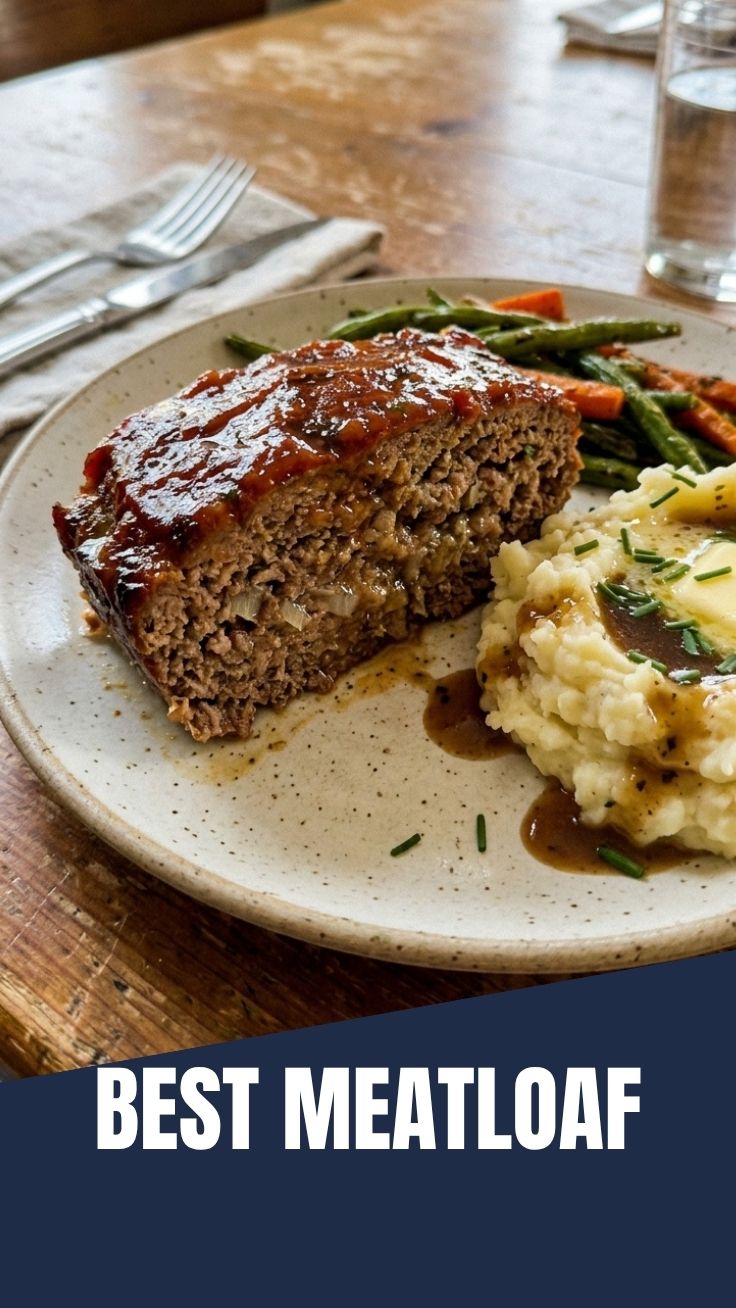 A perfectly baked meatloaf, golden brown and glistening with sauce, ready to serve.