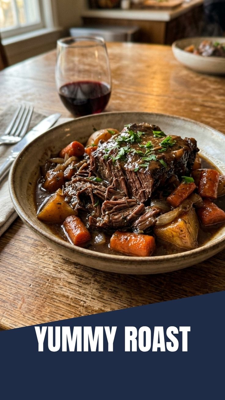 A rich, tender pot roast served with vegetables on a plate