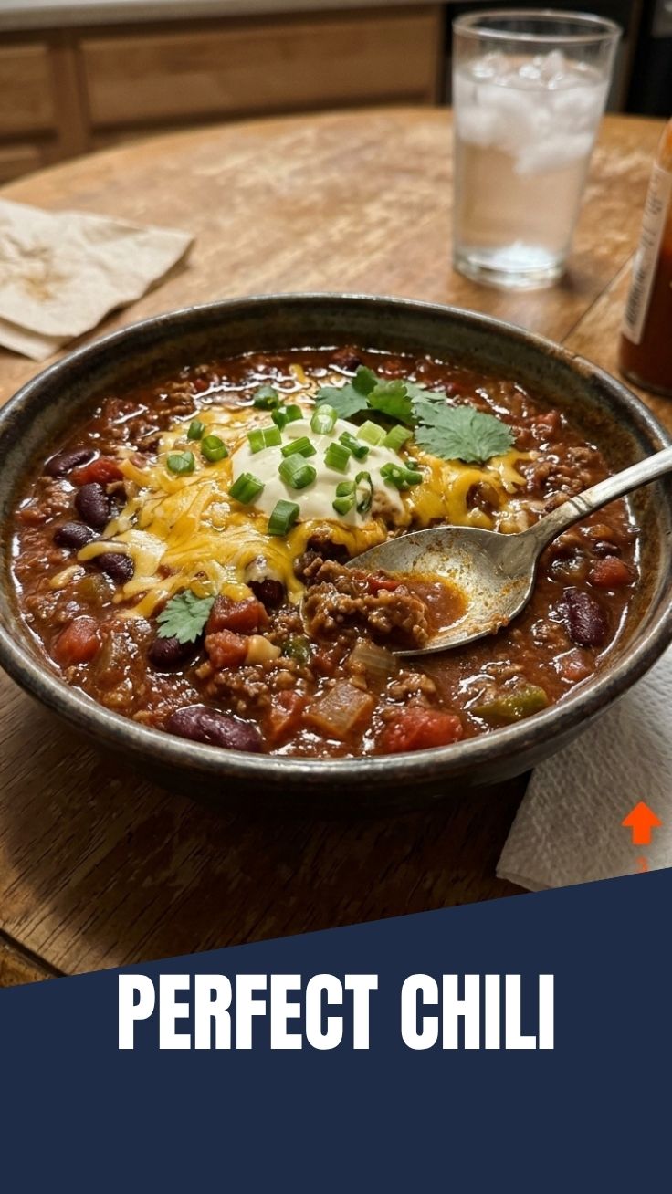 A steaming bowl of homemade chili, rich with beans and meat, topped with cheese.
