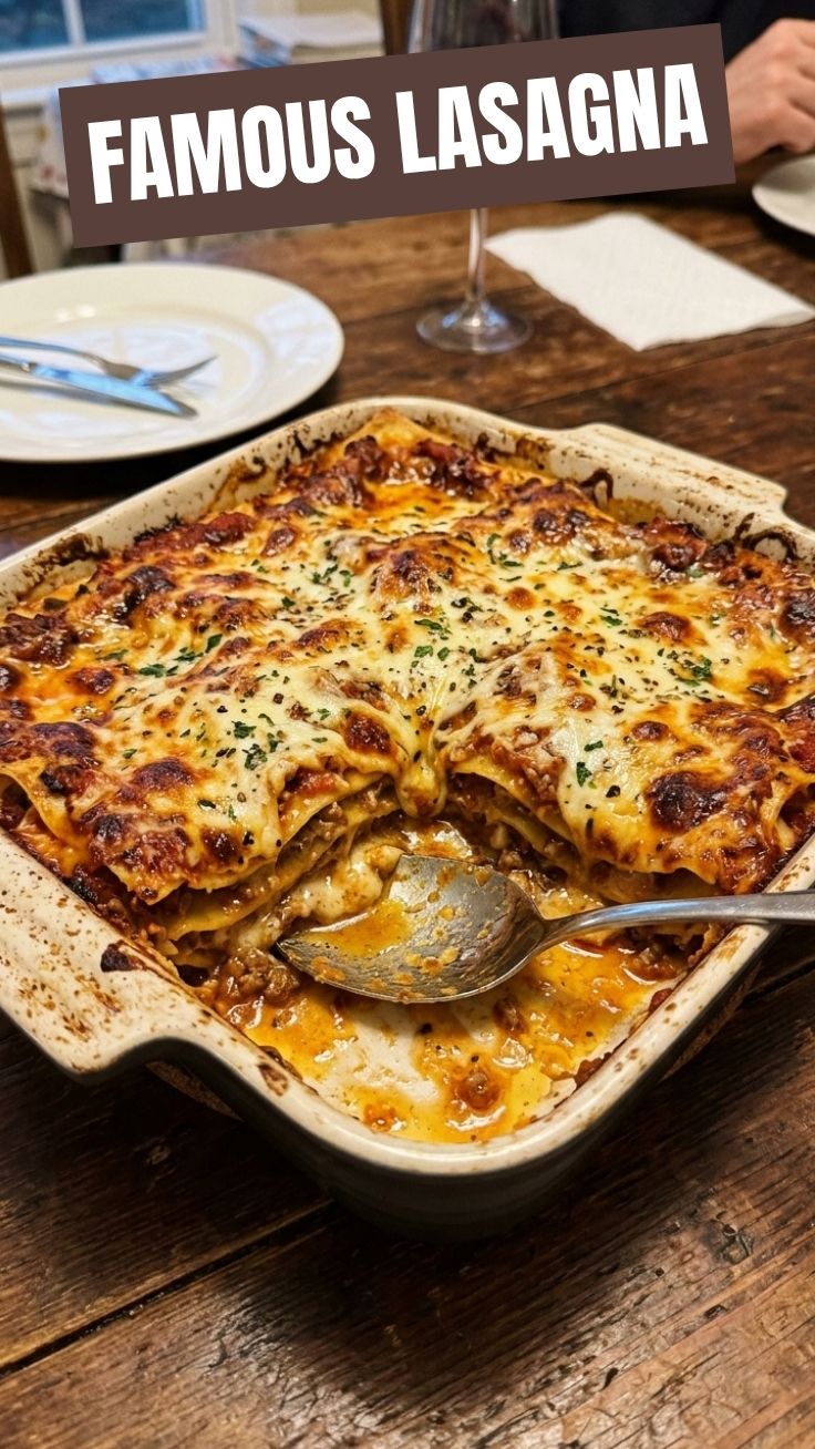 A freshly baked lasagna with melted cheese and rich tomato sauce
