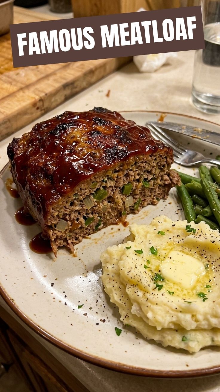 A freshly baked meatloaf, perfectly browned with a savory glaze.