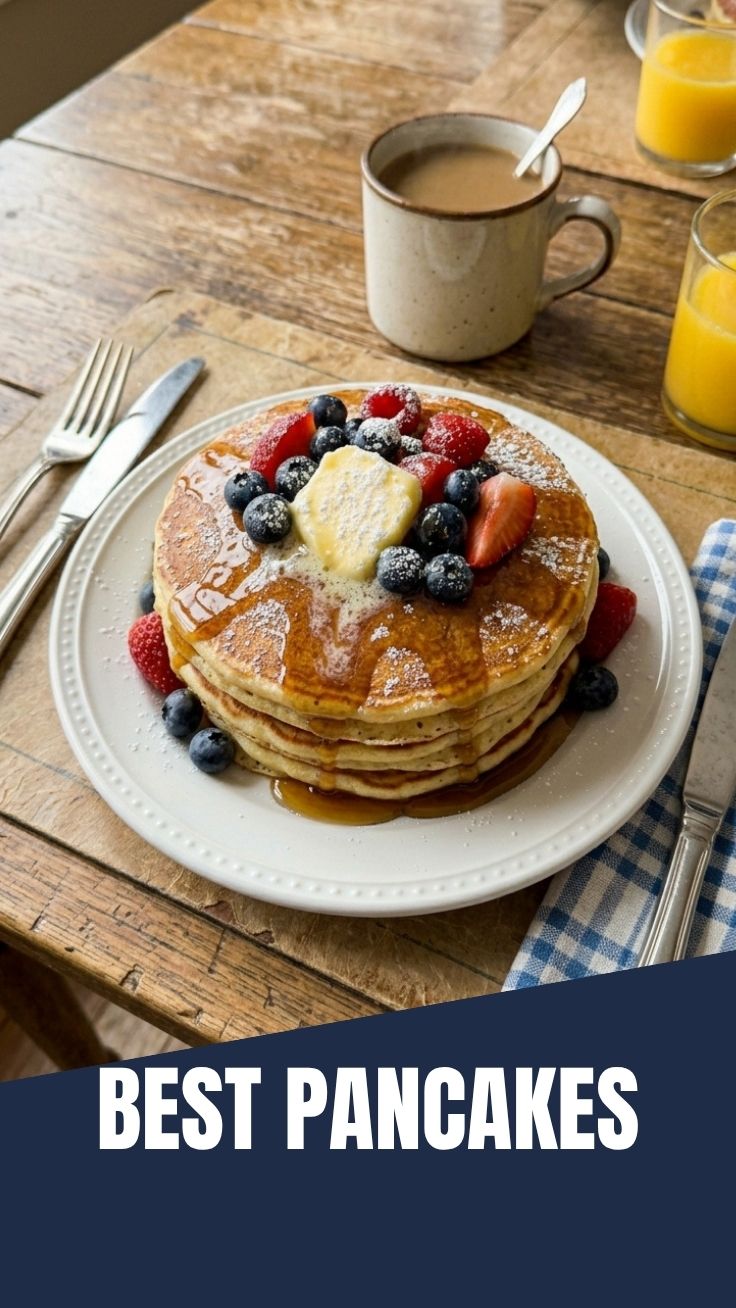 A tall stack of fluffy pancakes drizzled with syrup and butter.