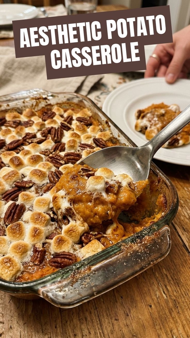 A cozy sweet potato casserole with a golden-brown toasted marshmallow topping.