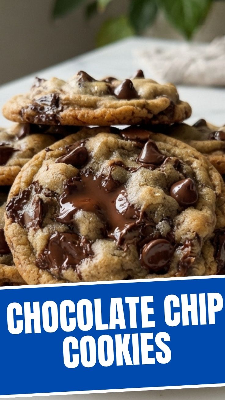 Freshly baked chocolate chip cookies stacked on a cooling rack.