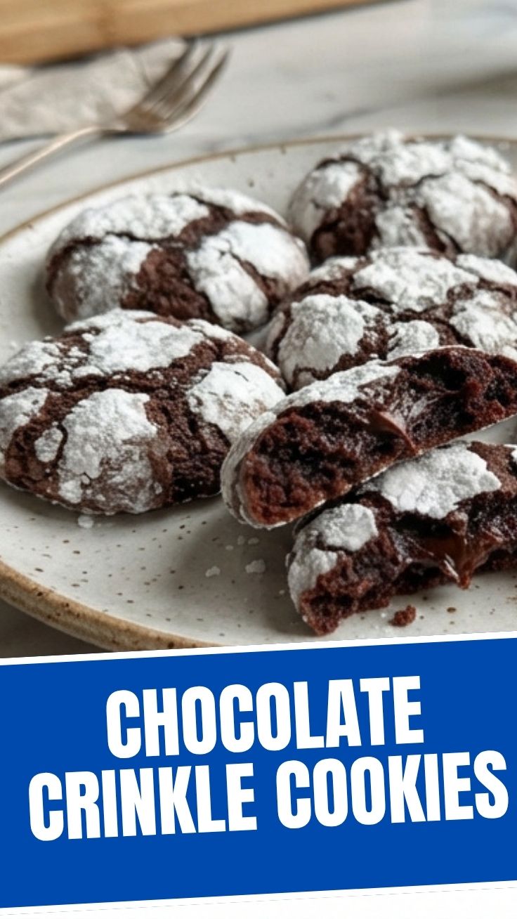 A close-up of several chocolate crinkle cookies dusted with powdered sugar