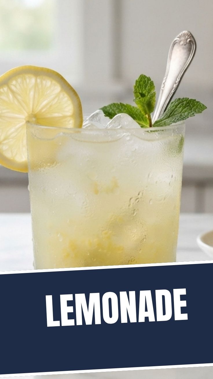 A tall glass of ice-cold lemonade with lemon slices.